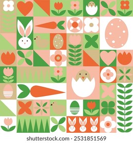 Easter background, bauhaus, modern, abstract, pattern, rabbit, chicken, egg, carrot, flowers, green, spring, holiday, family, celebration, religion, texture, flat style, vector illustration. 