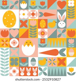 Easter background, bauhaus, modern, abstract, geometrical, pattern, spring, holiday, rabbit, chicken, egg, carrot, flower, religious, texture, print, flat style, vector illustration. 