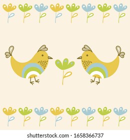 Easter background with birds and flowers . Hand drawn Vector illustration. Doodleposter, cards and other.