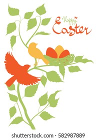 Easter background with birds in the nest, vector illustration