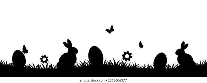 Fondo de Semana Santa, silueta negra de conejitos, huevos de Pascua, mariposas, flores, ilustración vectorial panorámica, caza de huevos, Ostermotiv Hintergrund