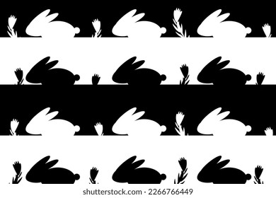 Easter background with black and white bunny. Creative holiday backdrop with rabbit and flowers.
