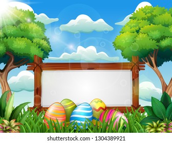 Easter background with blank sign board and decorated egg