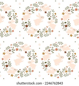 Fondo de Pascua. Correa floreciente con plantas, flores, conejillos. Patrón sin brillo en colores suaves, diseño de arte primaveral. Papel pintado, tejidos bonitos, tejidos para bebés, papel de envoltura, pancarta, embalaje