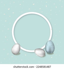 Easter background with Blue Eggs decoration,Top view Design Template with 3d Silver Easter Eggs and White frame on Blue Background, Vector flat lay composition with copy space for text