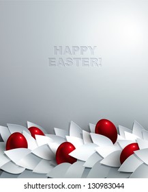 Easter background with border of cutout paper leaves and shiny red eggs.