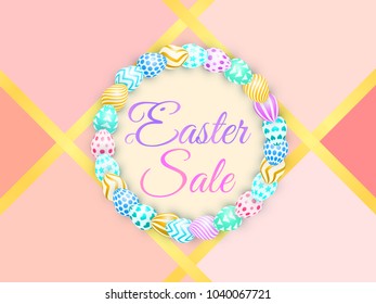 easter background with bright eggs. Gold lettering Easter Sale with bunny. trendy colorful vector illustration for greetings card, spring offer backdrop