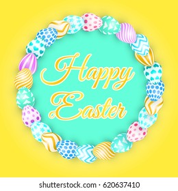 easter background with bright eggs. Gold lettering Happy Easter with bunny. colorful vector illustration for greetings card, spring backdrop