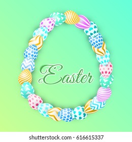easter background with bright eggs. Green lettering Easter with bunny. colorful vector illustration for greetings card, spring backdrop