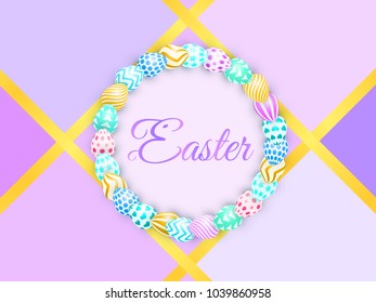 easter background with bright eggs. lettering Easter with bunny. colorful vector illustration for greetings card, spring backdrop