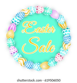 easter background with bright eggs. lettering Easter Sale with bunny. colorful vector illustration for greetings card, spring offer backdrop