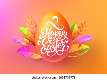 Easter background. Bright stylish 3D foliage in the style of webdesign neomorphism. Template for advertising banner, flyer, flyer, poster, web page. Vector illustration EPS10