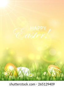 Easter background with bright Sun and colorful eggs in the grass, illustration.