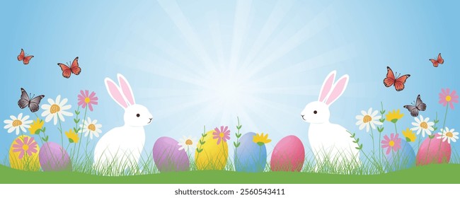 Easter background with bunnies, Easter eggs, butterflies and flowers on green grass. Beautiful Easter banner, poster, card or cover for design. Spring vector illustration.