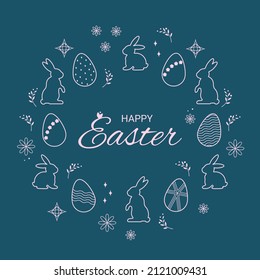 Easter background with bunnies and eggs. Vector illustration.