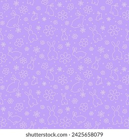 Easter background with bunnies and flowers in hand drawn style. Seamless pattern for wrapping paper, wallpaper and textile. Vector illustration