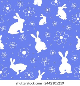 Osterhintergrund mit Hasen und Blumen im handgezeichneten Stil. Nahtloses Muster zum Verpacken von Papier, Tapeten und Textilien. Vektorgrafik