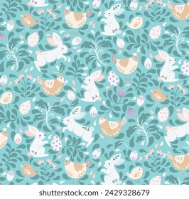 Easter background, bunnies, hen, egg, chicken, flower, bird, leaves, green, botanical, whimsical, cute, easter, spring, blossom, lovely, cute, floral, elegant, seamless pattern