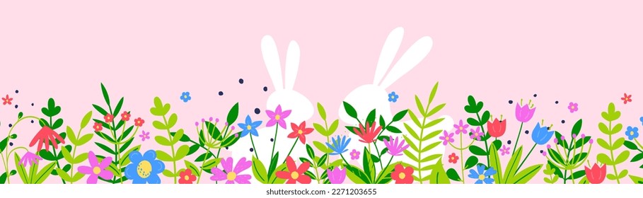 Easter background with bunnies hidden in flower meadow. Panoramic banner. Vector illustration