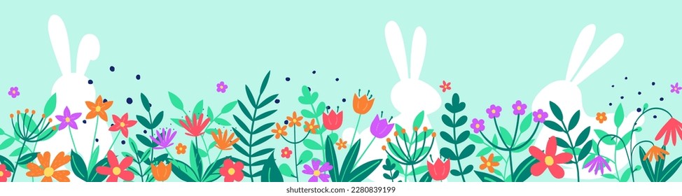 Easter background with bunnies hidden in flower meadow. Panoramic banner. Vector illustration