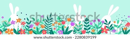 Easter background with bunnies hidden in flower meadow. Panoramic banner. Vector illustration