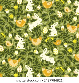 Easter background, bunniey, chicken, egg, bird, flower, green, spring, whimsical, tulip, spring, floral, blossom, botanical, elegant, cute, print, fabric, fashion, texture, flat, seamless pattern