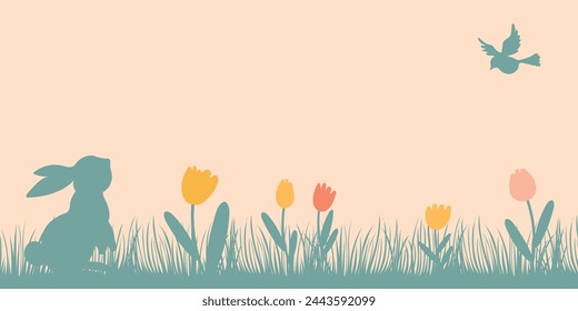 Easter background with bunny and bird. Green spring background with place for text. Vector illustration with grass. 