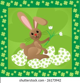 Easter background with bunny carrying corsage of snowdrops, cop of eggs, host of cloverleafs