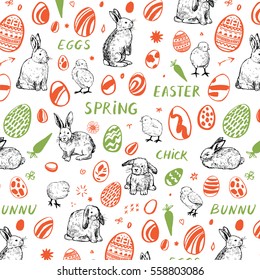 easter background with bunny, chick and eggs.