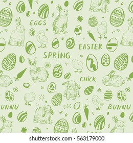 easter background with bunny, chick and eggs.