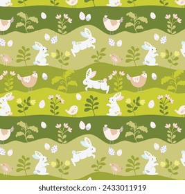 Easter background, bunny, chicken, bird, egg, green, grass, flower, whimsical, cute, spring, april, march, flat, seamless pattern