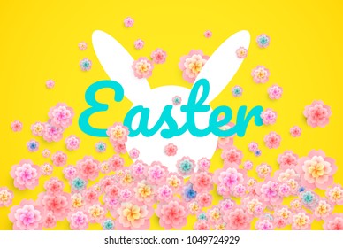 Easter background with bunny ears and spring flowers modern card - vector