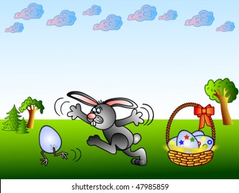 Easter background. Easter Bunny and eggs in basket.