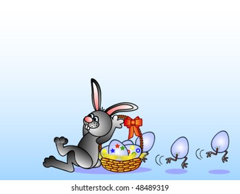Easter background. Easter Bunny and eggs in basket. Eggs escape.