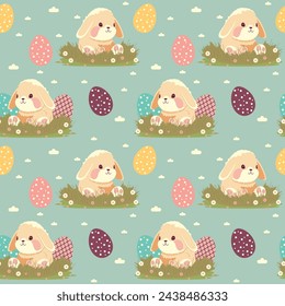 Easter background with bunny and eggs. Seamless pattern for the spring holiday. For invitation, packaging, print fabric and paper.
