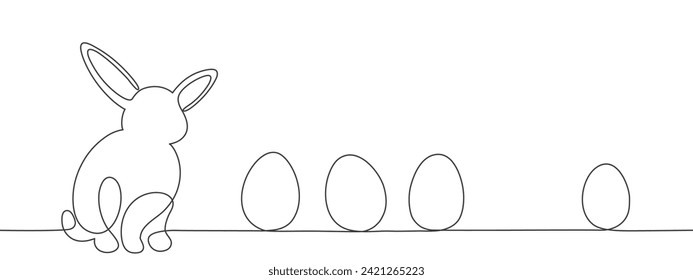Easter background, bunny with eggs in simple one line, line art style. Editable stroke vector eps