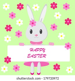 Easter background with bunny on the green phone and flowers