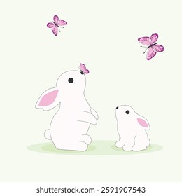 Easter Background with bunny and pink butterfly.Mama Bunny and Baby.Design for card,easter,celebration.Vector illustration.