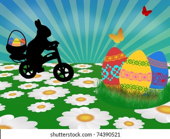 Easter background with  bunny silhouette  bringing on his bicycle colored eggs for Easter, vector illustration