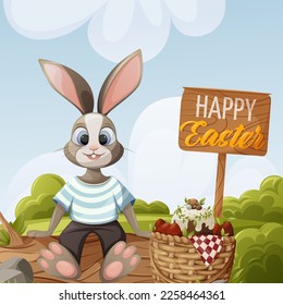 Easter background. A bunny sits on a log on a green lawn, a basket with red eggs and a traditional cake. Vector illustration in cartoon style. Natural landscape. For banner, postcard, kids book