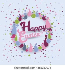 Easter background Easter card with bunnies and birds Easter wreath