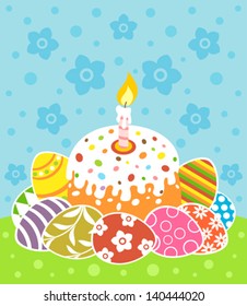 Easter background card with cake and eggs
