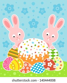 Easter background card with cake and rabbits