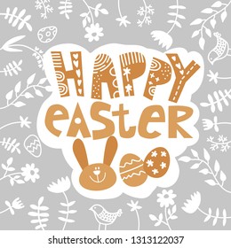 Easter background. Easter card. Cute Easter Bunny with stylish text on white background with for the celebration of Christian Festival "Happy Easter"