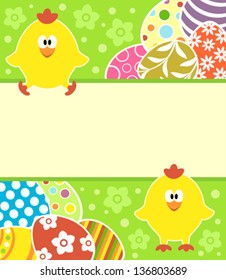 Easter background card with eggs and funny chickens