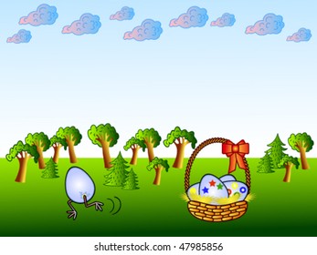 Easter background; cartoon. Funny  egg and basket.