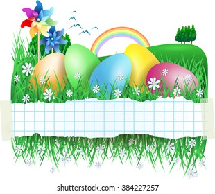 Easter background with chick and Easter eggs, vector illustration 