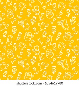 Easter background with chickens. Floral spring seamless pattern with Easter chick in egg and tulips. Vector illustration in doodle children style