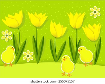 Easter background with chickens and tulips