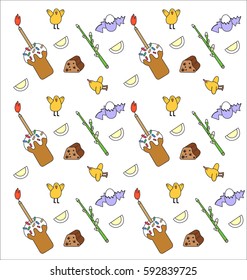 Easter background with chicks and Easter cakes with eggs.